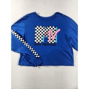 MTV BLUE CHECKERED WOMEN LONG SLEEVE CROP TOP SIZE XL